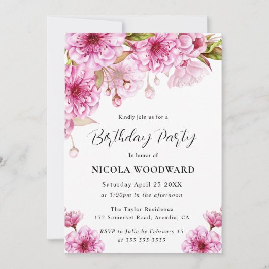 Waterverf Cherry Blossom Branch Verjaardagsfeest Kaart (Voorkant)