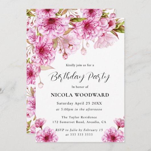 Waterverf Cherry Blossom Branch Verjaardagsfeest Kaart (Voorkant / Achterkant)