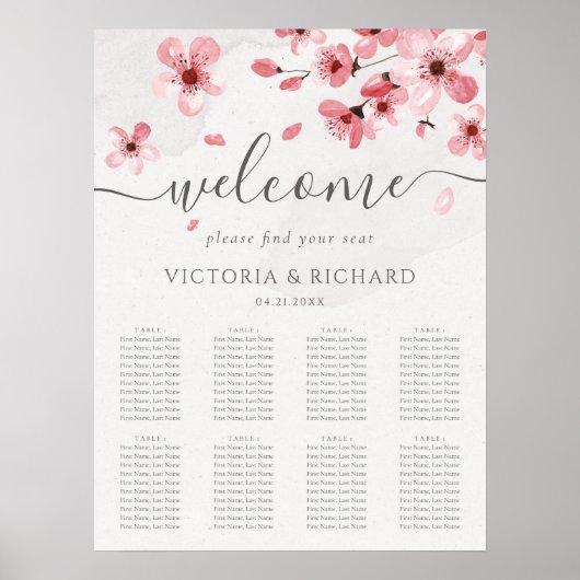 Waterverf Cherry Blossom Bruiloft Zitkaarten Poster (Voorkant)