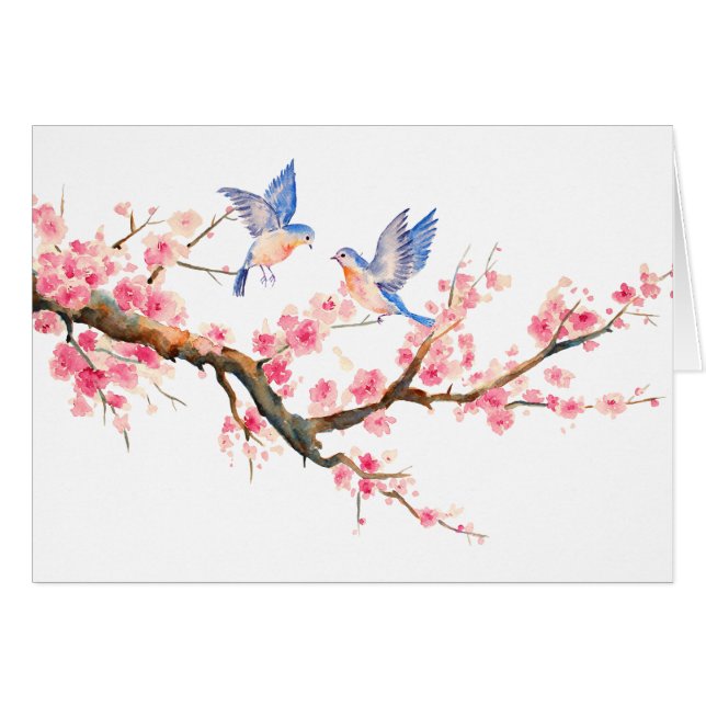 Waterverf Cherry Blossom en Blue Birds (Voorkant Horizontaal)