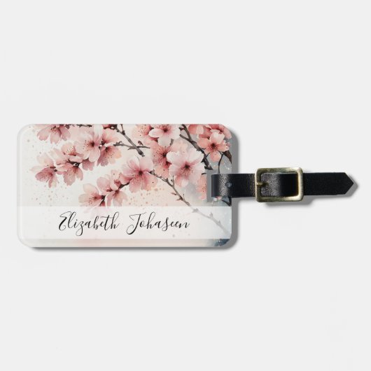 Waterverf Cherry Blossom Floral Girly Script Naam Bagagelabel (Voorkant horizontaal)