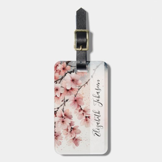 Waterverf Cherry Blossom Floral Girly Script Naam Bagagelabel (Voorkant verticaal)