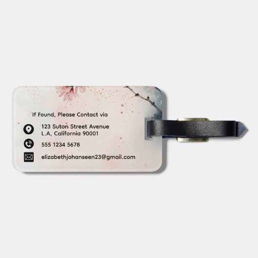 Waterverf Cherry Blossom Floral Girly Script Naam Bagagelabel (Achterkant horizontaal)