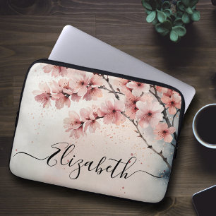 Waterverf Cherry Blossom Floral Girly Script Naam Laptop Sleeve