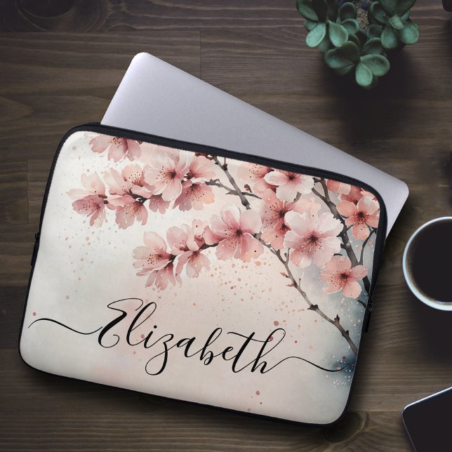 Waterverf Cherry Blossom Floral Girly Script Naam Laptop Sleeve (Creator heeft geüpload)