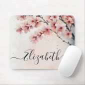 Waterverf Cherry Blossom Floral Girly Script Naam Muismat (Met muis)