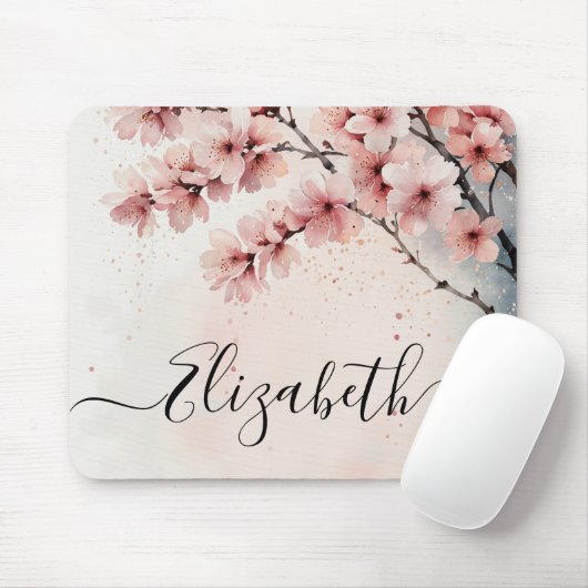 Waterverf Cherry Blossom Floral Girly Script Naam Muismat (Met muis)