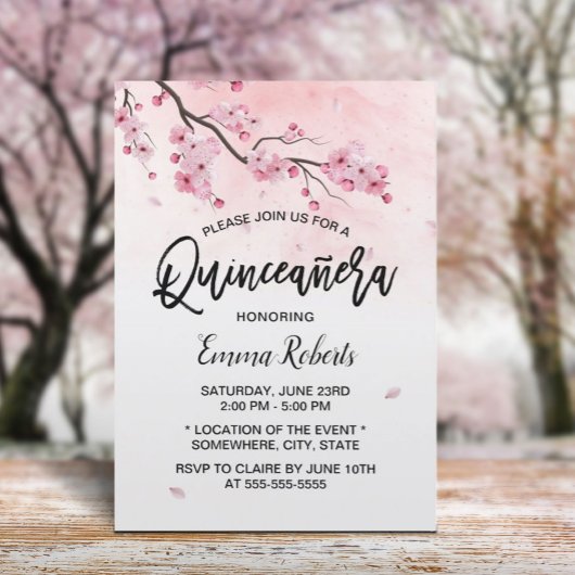 Waterverf Cherry Blossom Floral Quinceanera 15 Kaart