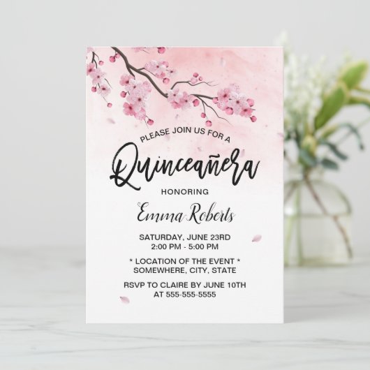 Waterverf Cherry Blossom Floral Quinceanera 15 Kaart (Staand voorkant)