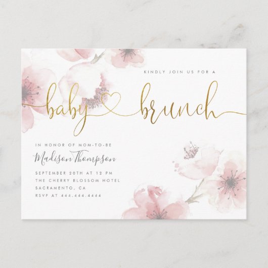 Waterverf Cherry Blossom Gold Baby Brunch Shower Uitnodiging Briefkaart (Voorkant)