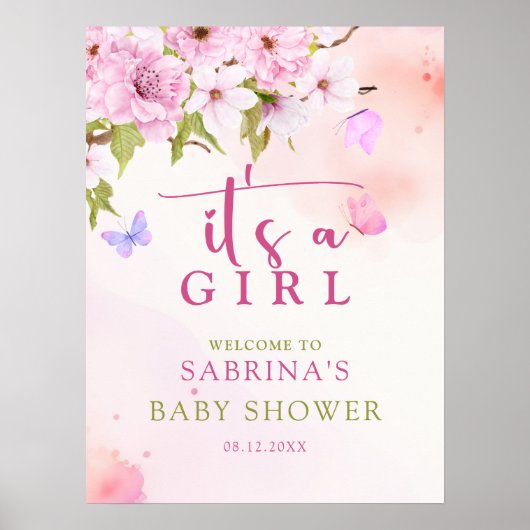 Waterverf Cherry Blossom Het is een meisje welkom  Poster (Voorkant)