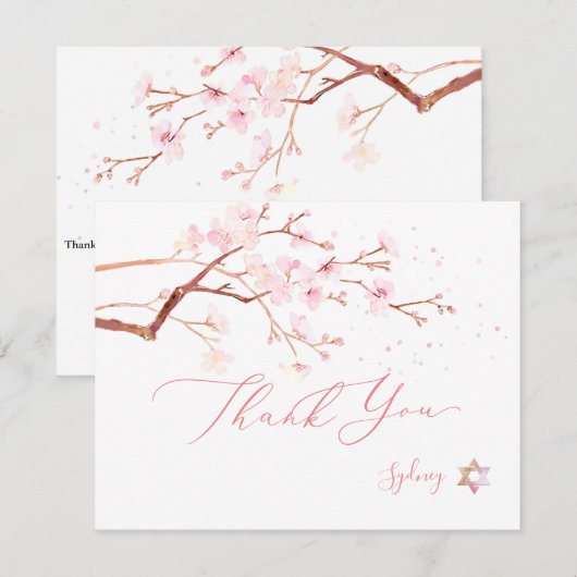 Waterverf Cherry Blossom Mitzvah ✡ Dank u Bedankkaart (Voorkant / Achterkant)