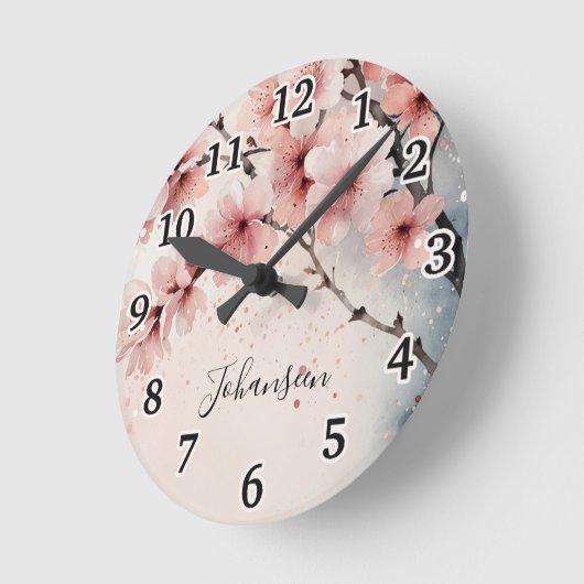 Waterverf Cherry Blossom Modern Girly Script Naam Ronde Klok (Hoek)