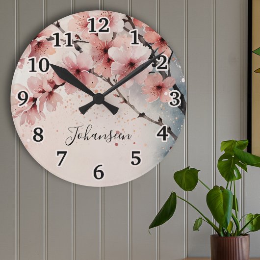 Waterverf Cherry Blossom Modern Girly Script Naam Ronde Klok