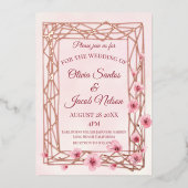 Waterverf Cherry Blossom op een Roos Gold Trellis Folie Uitnodiging (Voorkant)