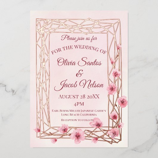 Waterverf Cherry Blossom op een Roos Gold Trellis Folie Uitnodiging (Voorkant)