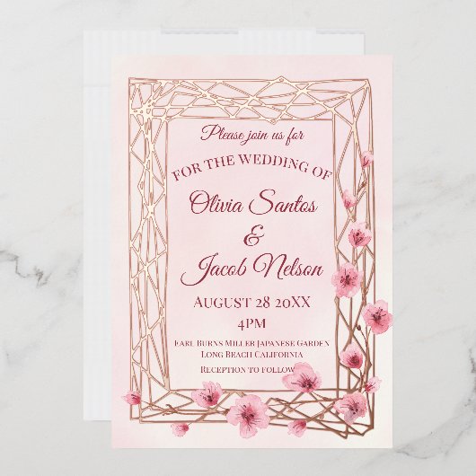 Waterverf Cherry Blossom op een Roos Gold Trellis Folie Uitnodiging (Envelop)