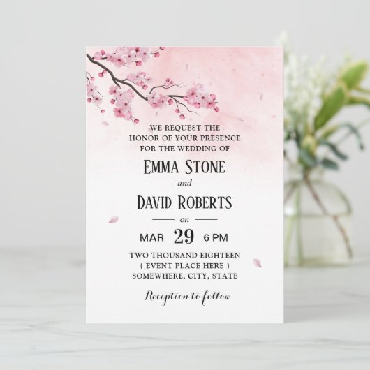 Waterverf Cherry Blossom Pink Floral Wedding Kaart (Staand voorkant)