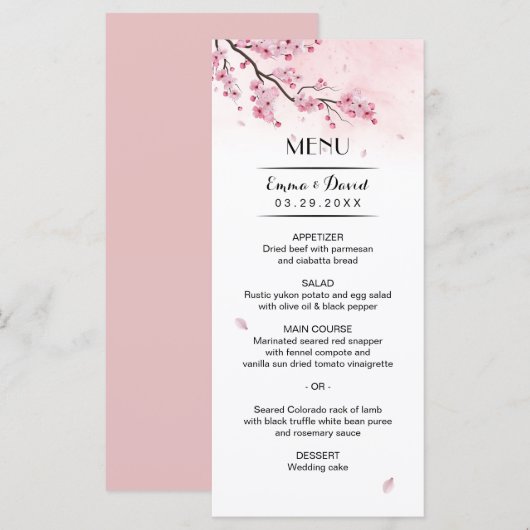 Waterverf Cherry Blossom Pink Floral Wedding Menu (Voorkant / Achterkant)