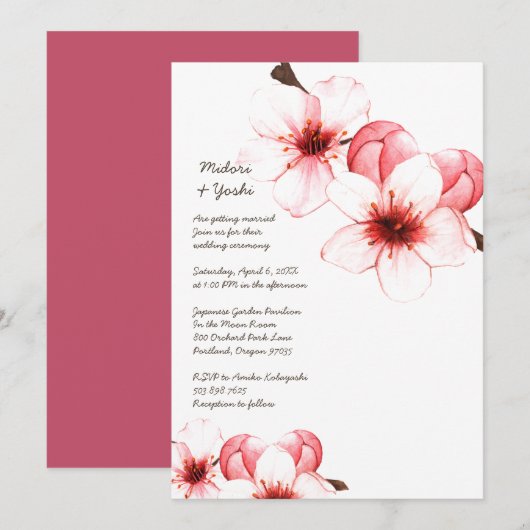 Waterverf Cherry Blossom Pink White Wedding Invi Kaart (Voorkant / Achterkant)