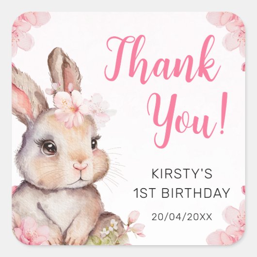 Waterverf Cherry Blossom Rabbit Birthday Vierkante Sticker (Voorkant)