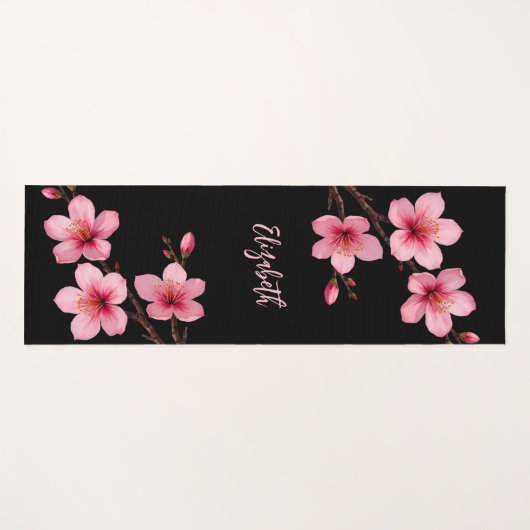 Waterverf Cherry Blossom Roze Zwart Monogram Yogamat (Voorkant (horizontaal))
