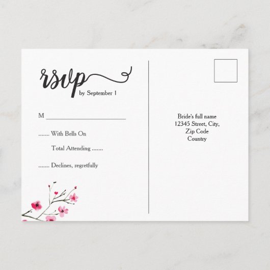 Waterverf Cherry Blossom RSVP bruiloft Uitnodiging Briefkaart (Achterkant)