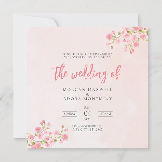 Waterverf Cherry Blossom Spring Square Bruiloft Kaart (Voorkant)