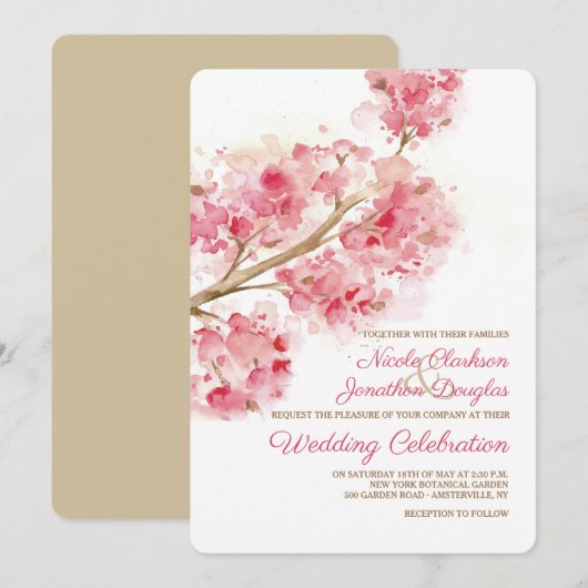 Waterverf Cherry Blossom Wedding Invitation Kaart (Voorkant / Achterkant)