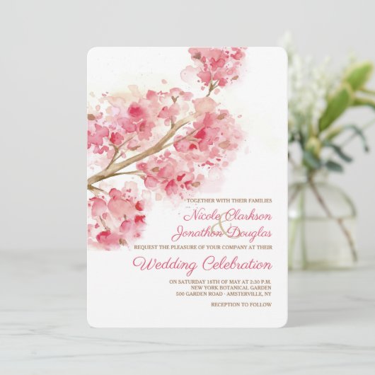 Waterverf Cherry Blossom Wedding Invitation Kaart (Staand voorkant)