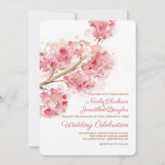Waterverf Cherry Blossom Wedding Invitation Kaart (Voorkant)
