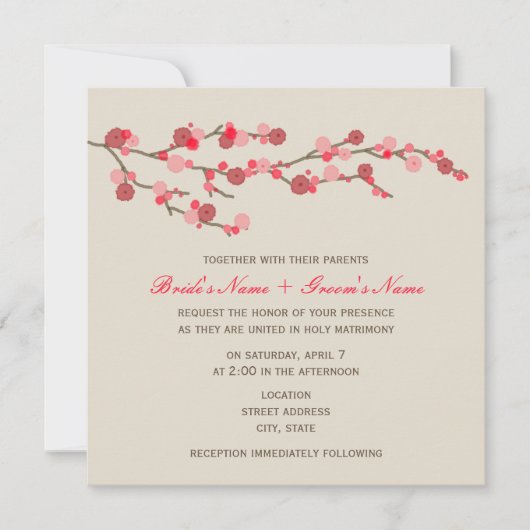 Waterverf Cherry Blossom Wedding Invite Kaart (Voorkant)
