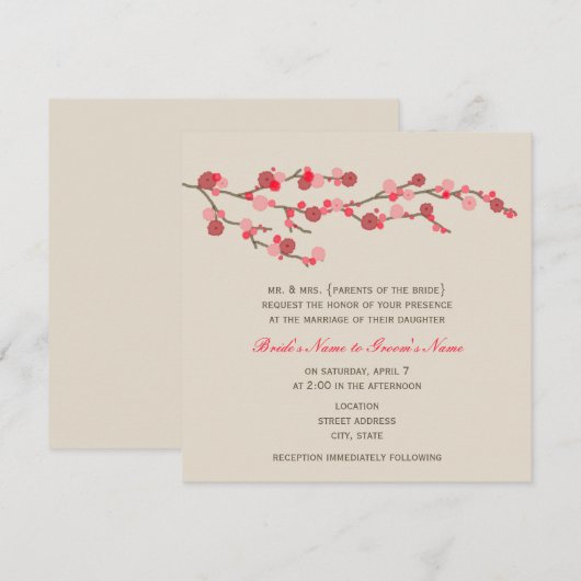 Waterverf Cherry Blossom Wedding Invite Kaart (Voorkant / Achterkant)