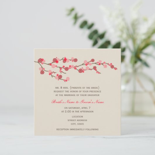 Waterverf Cherry Blossom Wedding Invite Kaart (Staand voorkant)