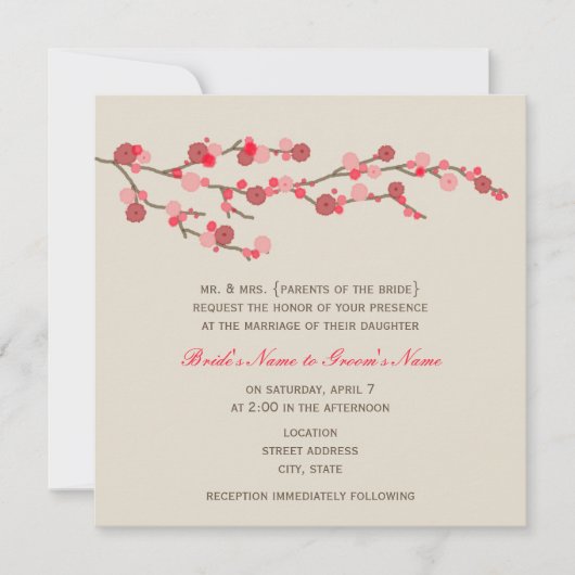Waterverf Cherry Blossom Wedding Invite Kaart (Voorkant)