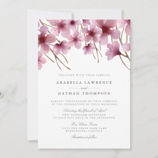 Waterverf Cherry Blossom Wedding Uitnodiging (Voorkant)