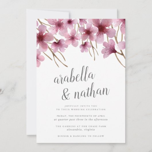 Waterverf Cherry Blossom Wedding Uitnodiging (Voorkant)
