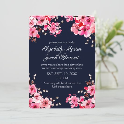 Waterverf Cherry Blossoms Virtual Wedding Kaart (Staand voorkant)