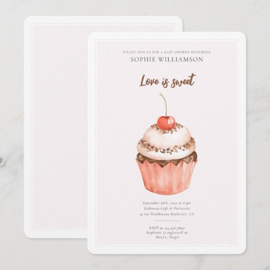 Waterverf Cherry Cupcake Baby shower Uitnodiging (Voorkant / Achterkant)