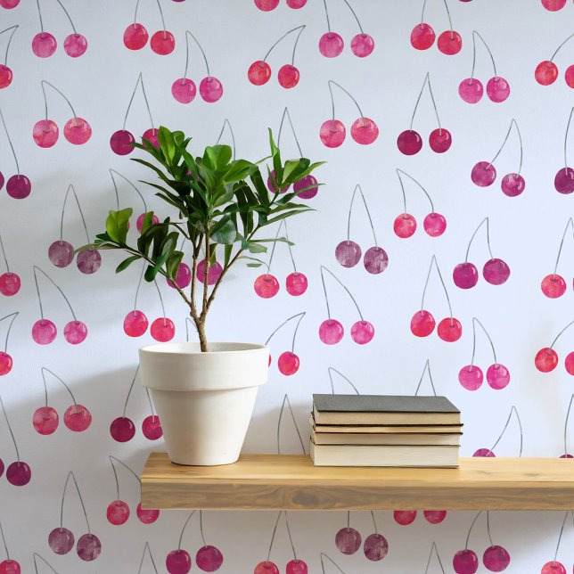 Waterverf Cherry Pattern Behang (Sweet watercolor cherry pattern art wallpaper In blue)