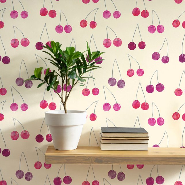 Waterverf Cherry Pattern Behang (Sweet watercolor cherry pattern art wallpaper In cream)