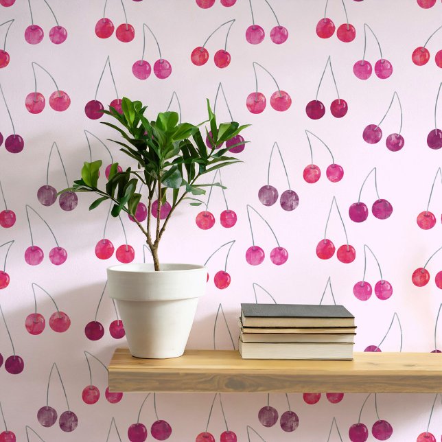 Waterverf Cherry Pattern Roze Behang (Sweet watercolor cherry pattern art wallpaper in pink )