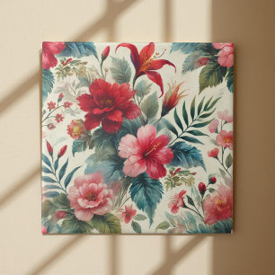 Waterverf Cherry Red Pink Green Floral Tegeltje