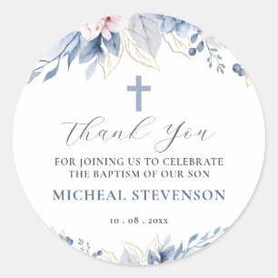 Waterverf Chic Baby Blue Floral Baptism Dank u Ronde Sticker