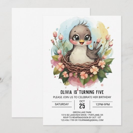 Waterverf Chic Bird Birthday Kaart (Voorkant / Achterkant)