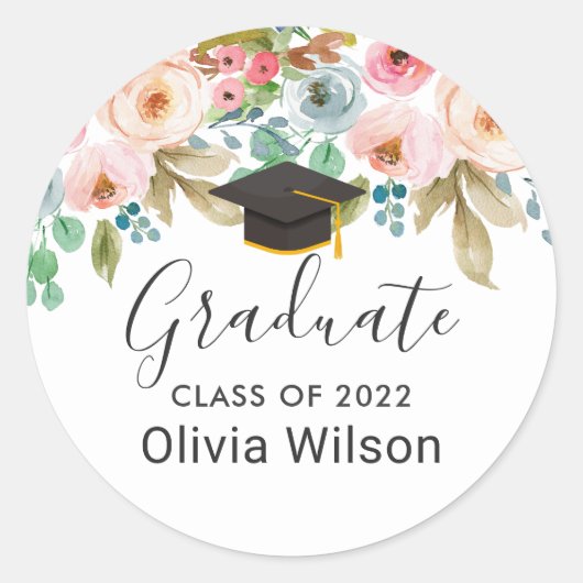 Waterverf Chic Floral Afstuderen Afstuderen Pet Ronde Sticker (Voorkant)