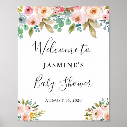 Waterverf Chic Floral Baby shower Welkom Sign Poster (Voorkant)