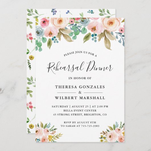 Waterverf Chic Floral bruiloft repetitie diner Kaart (Voorkant / Achterkant)