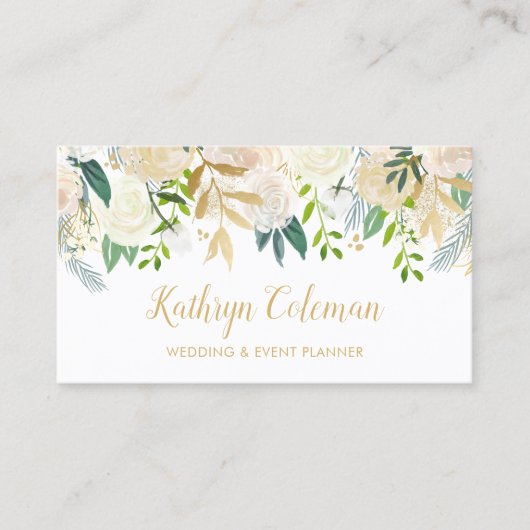 Waterverf Chic Floral Gold Wedding Event Planner Visitekaartje (Voorkant)