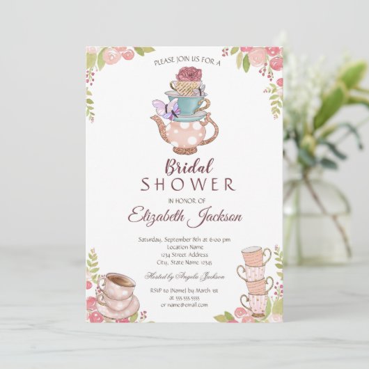 Waterverf Chic Flowers Teapot Vrijgezellenfeest Kaart (Staand voorkant)